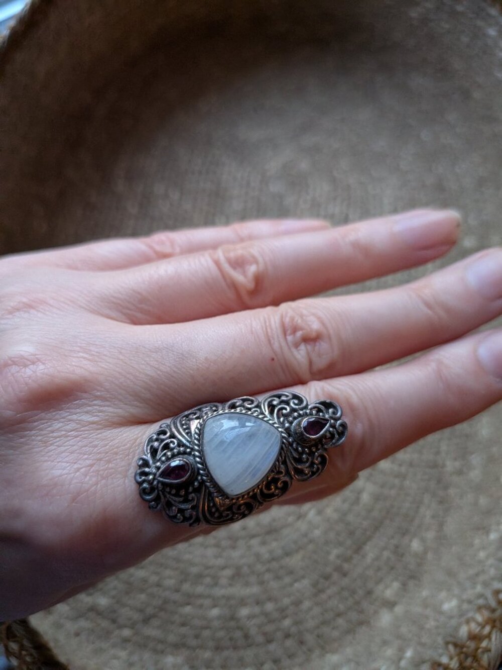 Rainbow Moonstone and Pink Topaz Sterling Silver Ring (size 6)